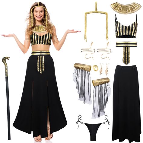 PRICES MAY VARY. Cleopatra Costume for Women: the Cleopatra costume for women includes a headband, collar, dress, arm decorations, snake earrings, snake ring, arm rings, snake cobra cane, underwear, which are enough to complete your Halloween party dress or stage performance to attract others' attention and make you the focus of the crowd Halloween Cleopatra Costume: our Halloween outfit women is mainly designed with fabrics, which are elegant and classic in black and gold color matching, and th Cleopatra Halloween Costume Diy, Halloween Outfit Women, Cleopatra Outfit, Egyptian Goddess Costume, Egypt Costume, Cleopatra Halloween Costume, Cleopatra Dress, Cleopatra Halloween, Queen Of Egypt