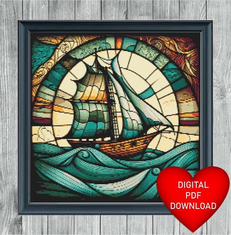 Stained Glass Window Art, Ship At Sea, Stain Glass Window Art, Glass Window Art, Sailing Boat, Window Art, Dmc Floss, Stained Glass Window, Extra Fabric