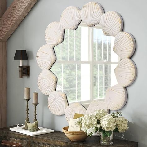 24" Round Mirror, White Wood Circle Wall Mirror with Seashell, Rustic Decoration Farmhouse Coastal Style Mirror Suitable Bathroom, Bedroom, Vanity, Entryway, Hallway Coastal Mirror, Circle Wall Mirror, Round Mirror Frame, Coastal Mirrors, Seashell Mirror, White Wall Mirrors, Farmhouse Coastal, Rustic Decoration, Seaside House