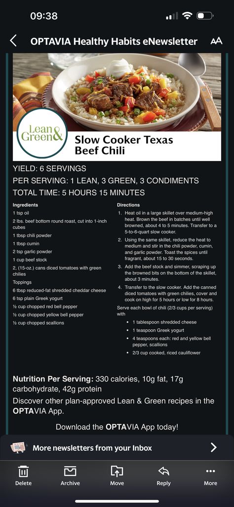 Slow Cooker Optavia Recipes, Lean And Green Soups And Stews, Optavia Crockpot Recipes, Slow Cooker Chili Beef, Optavia Meals, Medifast Recipes, Texas Beef, Lean Protein Meals, Optavia Recipes