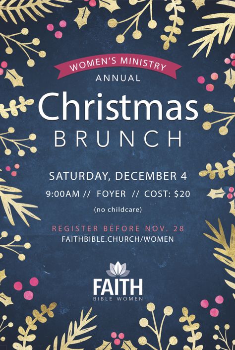 Faith Women is kicking off the 2021 holiday season with our annual Women’s Christmas Brunch! Join us in the church foyer on Saturday, December 4 for brunch, fellowship, and a special message in the worship center from guest speaker Rachel Norris. 🎄 Doors open at 9:00am and brunch begins at 9:30am. Cost is $20 per person. 🎄 Register before November 28th. #womensministry #christmasbrunch #faithbiblewomen #womenofthewoodlands #christmas2021 #thewoodlandstx #thewoodlandstxevents Christian Women's Ministry, Winter Princess, Worship Service, Bible Women, Guest Speakers, Womens Ministry, Christmas Brunch, Faith Bible, Women Of Faith