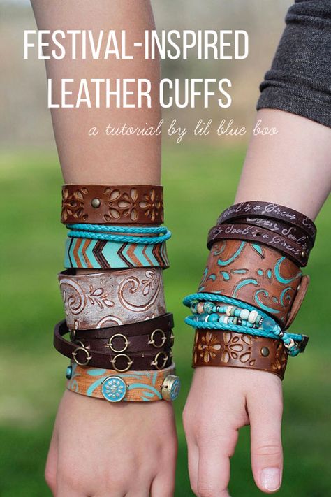 Festival Inspired Leather Jewelry - Bohemian Wood Burned Cuffs and Bracelets - Make these DIY leather cuffs and bracelets using pyrography, paint and beads. #michaelsmakers Flat Leather Bracelets Diy, How To Burn Leather Diy, Leather Lace Jewelry Diy, Leather Band Bracelets, Making Leather Bracelets, Painted Leather Jewelry, Leather Burning Ideas, Diy Leather Bracelet Tutorial, Leather Bracelets Diy