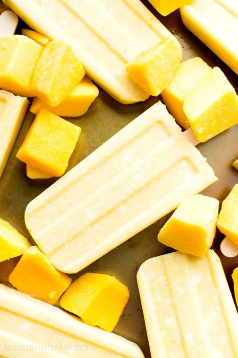 Mango Coconut Cream Popsicles (V, GF, DF): a 3 ingredient recipe for creamy and refreshing popsicles packed with mango and coconut! #Paleo #Vegan #DairyFree #GlutenFree | BeamingBaker.com Mango Coconut Popsicle, Coconut Cream Popsicles, Paletas Recipes, Mango Popsicle Recipes, Creamy Popsicles, Beaming Baker, Vegan Popsicles, Fruit Treats, Healthy Popsicle Recipes