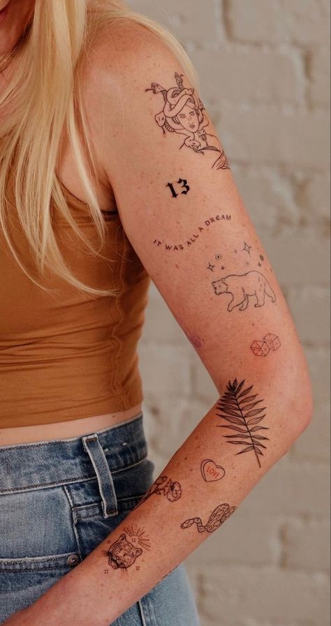 Sticker Sleeve, Small Girly Tattoos, Feminine Tattoo Sleeves, It Was All A Dream, Upper Arm Tattoos, Arm Band Tattoo, Arm Tattoos For Women, Tattoo Feminina, Dainty Tattoos