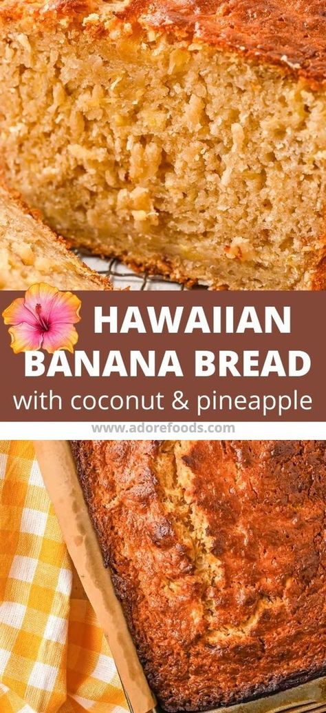 🍌🥥 Hawaiian Breakfast Delight Best moist Hawaiian banana bread with crushed pineapple and coconut makes for the perfect island-vibe breakfast #HawaiianBananaBread #PineappleCoconutBread #IslandBaking #TropicalTreats #CaribbeanKitchen Banana Bread With Pineapple, Hawaiian Banana Bread Recipe, Hawaiian Breakfast, Hawaiian Banana Bread, Coconut Banana Bread, Pineapple Bread, Pineapple And Coconut, Hawaiian Dishes, Coconut Bread