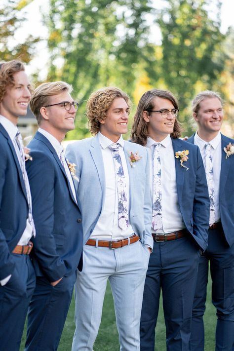 Pastel Wedding Tuxedo, Mismatched Groom And Groomsmen, Pastel Tuxedo Men, Groomens Attire, Light Blue Suit Wedding, Blue Tux Wedding, Blue Groomsmen Attire, Blue Wedding Suit Groom, Grooms Tux