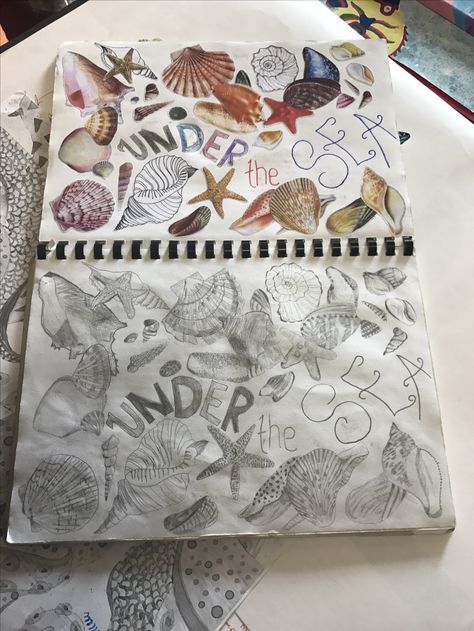 Under The Sea Moodboard Under The Sea Sketchbook, Textiles Sea Life, Under The Sea Textiles Gcse, Land Sea And Sky Art, Land Sea And Sky Gcse Art, Gcse Aesthetic, Gcse Ceramics, Sea Sketchbook, A Level Textiles Sketchbook