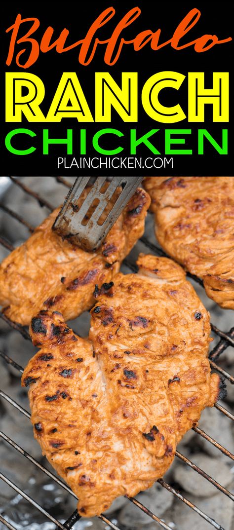 Buffalo Ranch Grilled Chicken - all the flavor of wings but without the messy fingers! This chicken is CRAZY good!! Only 5 ingredients in the marinade - olive oil, Ranch, buffalo sauce, Worcestershire and garlic. Can marinate overnight for maximum flavor. We always double the recipe and there are never any leftovers! Such a delicious quick and easy chicken recipe! Sriracha Ranch, Plain Chicken Recipe, Buffalo Ranch Chicken, Easy Chicken Recipe, Smoked Bbq, Buffalo Ranch, Plain Chicken, Chicken Marinade, Ranch Chicken