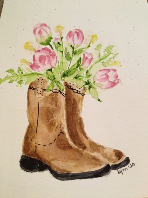 Cowboy Boot Watercolor, Watercolor Cowboy Boots, 2023 Art, Painting Inspo, Easy Watercolor, Cowgirl Hats, Cowboy Boot, Water Colour, Pin Board