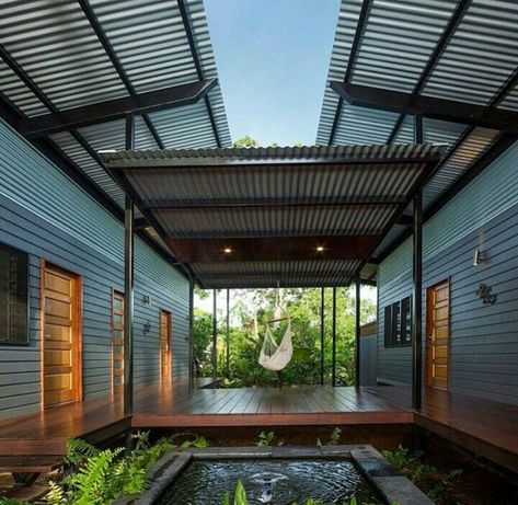 Love the court yard.  Need a small pool with a infinity swim trainer and running track. Sea Container Homes, Sea Containers, Shipping Container Home Designs, Container Cabin, Outdoor Bathroom, Shipping Container House Plans, Container Buildings, Building A Container Home, Container Architecture