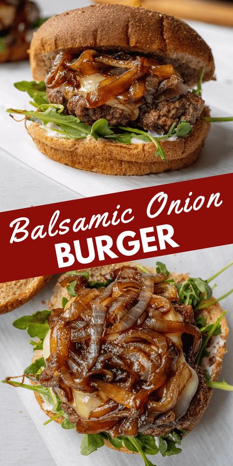 This Balsamic Onion Burger is a great twist on a classic burger. The caramelized balsamic onions are amazing. You cook them with butter till they are golden, then covered them in a sweet balsamic glaze. Pair the onions with provolone, arugula, and mayo for a homemade burger that you’ll love. Onion Burger Recipe, Easy Homemade Burgers, Balsamic Onions, Onion Burger, Sandwich Makers, Bbq Food, Homemade Burgers, Grilled Onions, Pasta Dinners