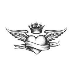 Heart with crown and wings tattoo in engraving Vector Image Heart And Wings Drawing, Heart Designs Tattoo, Heart With Crown Tattoo Ideas, Heart And Wings Tattoo Design, Crown And Heart Tattoo, Burning Wings Tattoo, Heart With Crown Drawing, Heart Wings Tattoo Design, Heart With Halo Tattoo