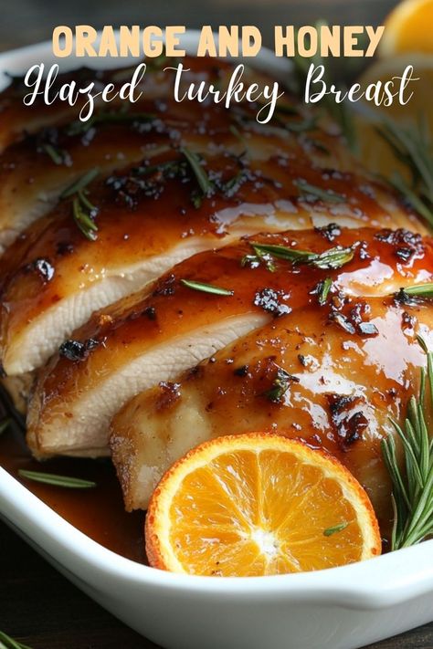 Add a sweet and tangy twist to your Thanksgiving with orange and honey glazed turkey breast, a juicy and flavorful main dish. #GlazedTurkey #ThanksgivingTurkey Orange Glaze For Chicken, Honey Orange Glaze, Orange Turkey Recipes, Honey Glazed Turkey, Honey Roasted Turkey, Glazed Turkey Breast, Honey Mustard Turkey, Orange Glazed Ham, Turkey Breast Recipes