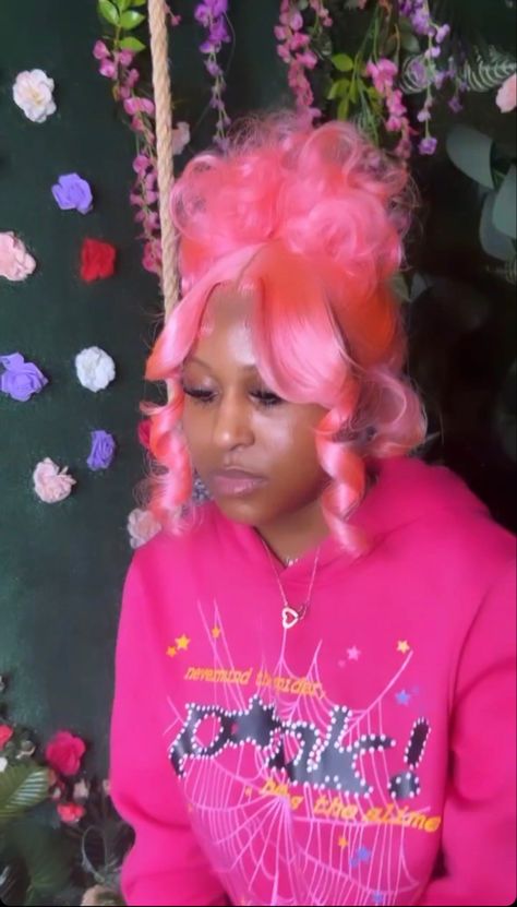 Pink Wigs For Black Women Hairstyles, Pink Wigs On Black Women, Pink Half Up Half Down, Pink Hairstyles, Hair Stripes, Barbie Ponytail, Frontal Wig Hairstyles, Birthday Hair, Long Hair Color