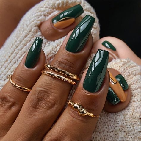 🌸 fall nails: Chic Pie Look Green And Yellow Fall Nails, Nails Green Design, Dark Green Fall Nails, Green Nails Dark, Fall Nails Green, Yellow Fall Nails, Nails Dark Skin, Olive Green Nails, Short Acrylic