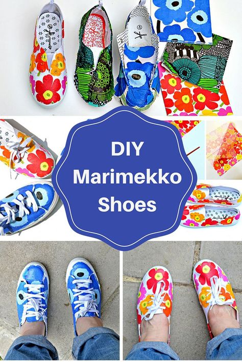 Decoupage can be cool ! Make your very own designer Marimekko Shoes with some paper napkins. Diy Marimekko, Decoupage Shoes, Painted Shoes Diy, Shoe Makeover, Mod Podge Crafts, White Canvas Shoes, Diy Sneakers, Be Cool, Diy Shoes