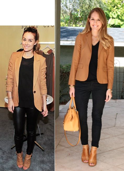 Inspiration: Getty Images via Popsugar  ￼  It really doesn't get any easier than "see an idea, copy it." I'm all about  whatever is quick and will get me dressed and out the door in a flash.  Today's Lauren Conrad re-creation proves that sometimes (when the stars  align and you have similar items in your closet) it's really that simple!   Blazer: J.Crew Factory, $83 (similar, similar) Camel Color Outfits, Petite Style Outfits, Stylish Eve Outfits, Brown Outfits, 2015 Outfits, Tan Blazer, Brown Blazer, Winter Outfit Inspiration, Blazer Outfits