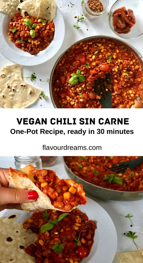 Chili Sin Carne Recipe, High Protein Chilli, Protein Chilli, Chili With Corn, Healthy Chilli Con Carne, Vegetarian Chilli Con Carne, Corn And Beans, Vegan Chili, Duck Recipes