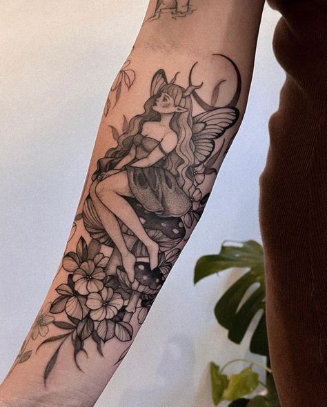 Fairy Inspired Tattoo Sleeve, Tattoo Ideas Female Cottage Core, Ethereal Tattoos Sleeve, Woodland Fairy Tattoo Sleeve, Fairy In Garden Tattoo, Botanical Fairy Tattoo, Garden Tattoo Ideas Sleeve, Nature Loving Tattoos, Fairy Flowers Tattoo