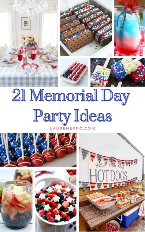 21 Incredible Memorial Day Party Ideas to Kick Off Summer - Lauren Erro Memorial Day Ideas Party, Memorial Day Cookout Decorations, Memorial Day Theme Party, Memorial Day Lake Food, Memorial Day Weekend Party, Memorial Cookout Ideas, Memorial Day Celebration Ideas, Memorial Day Brunch Ideas, Memorial Day Bbq Decorations