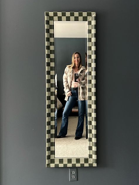 Upcycle an old mirror with this easy and affordable DIY checkered mirror that is perfect for beginners! Checkered Mirror Frame, Diy Mirror Upcycle, Painted Frame Mirror, Diy Painted Mirror Frame Ideas, Diy Accent Mirror, Diy Painted Mirror Frame, Fabric Mirror Frame, Painted Mirror Frame Ideas, Diy Mirror Frame Painting Ideas