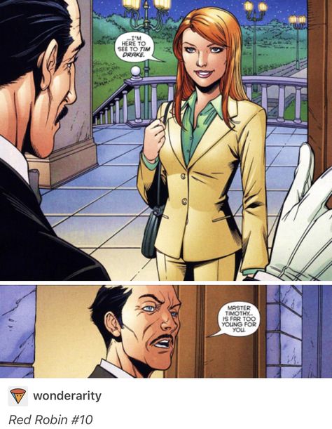 I can't believe Alfred just said that! Protective mama bear Alfred! I'm dead LOL Alfred Pennyworth, Batfamily Funny, Batman Funny, Red Robin, Im Batman, Tim Drake, Dc Memes, Batman And Robin, Dc Comics Characters