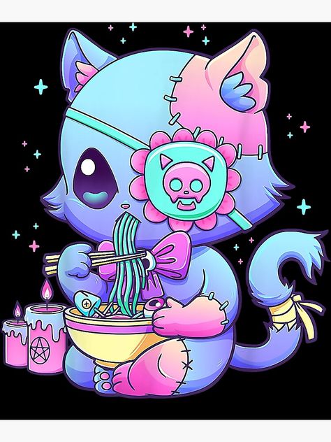 "Pastel Goth Aesthetic Kawaii Creepy Cat Eating Ramen Noodles T-Shirt" Poster for Sale by TIMOTARTINEZ | Redbubble Pastel Creepy Aesthetic, Pastel Goth Aesthetic Art, Pastel Goth Art Kawaii Creepy, Goth Kawaii Art, Kawaii Goth Aesthetic, Horror Kawaii, Pastel Horror, Creepy But Cute, Kawaii Creepy