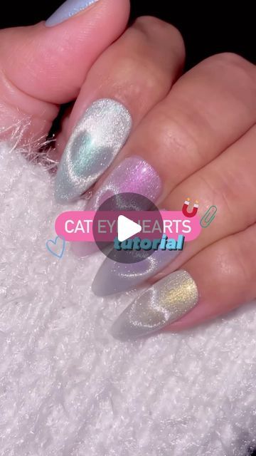 Jeanette Flores on Instagram: "Save for Valentine’s Day nail inspo ✨🩵🩷💜✨ Viral magnet cat eye heart nails, but make them iridescent and sparkle! 🥵🤩💅🏽 Using @daily_charme (code: JEN10) •Almond Medium Gel Extension Tips •Angel Aura Cat Eye collection •Magnetic Bar •Magnetic Cylinder Wand Comment “link” if you want the direct link to this cat eye gel collection 🔗💅🏽 #cateyenails #magneticnails #viralnails #nailhacks #uñas #velvetnails #cateyenailart #valentinesnails #heartnails #cateye #cateyegelpolish #nailinspiration #dailycharme #valentinesdaynails #vdaynails #purplenails #nailinspo #tutorial #howto #nailarttutorial #diynails #stepbystep" Magnetic Heart Nails, Eye Heart Nails, Monochromatic Nails, Negative Space Nail Art, Vday Nails, Velvet Nails, Cat Eye Gel Polish, Abstract Nail Art, Holiday Nail Designs