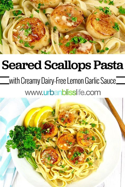 Scallops Pasta, Scallop Recipes Pasta, Dairy Free Pasta Recipes, Scallop Pasta, Lemon Garlic Sauce, Dairy Free Pasta, Pan Seared Scallops, Hearty Comfort Food, Seared Scallops