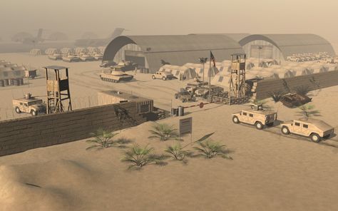 This is a desert military base. I want to take elements such as the vehicle areas as well as the watchtowers to create my post apocalyptic base, before adding other elements such as a destroyed barracks and helipad Prison Exterior, Fortification Architecture, City Outskirts, Military Desert, Military Camp, Disney Canvas Art, Military Aesthetic, People's Liberation Army, Base Building