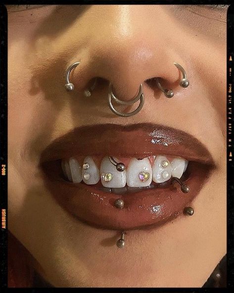 piercing nosepiercings septumpiercing Trypanophobia Aesthetic, 2 Nose Piercings On One Side, 2 Nose Piercings On Each Side, Cool Nose Piercings, Double Nose Piercing Different Sides, Double Eyebrow Piercing, Vertical Labret Piercing, Double Nose Piercing, Piercing Inspiration