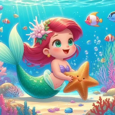 Ariel Bebe, Ariel Baby, Cartoon Mermaid, Beach Pictures Kids, Mermaid Cartoon, Disney Princess Babies, Mermaid Poster, Oil Pastel Colours, Mermaid Theme Birthday Party