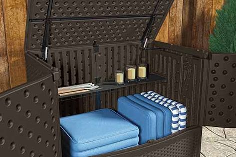 Patio Cushion Storage, Roof Top Deck, Back Deck Ideas, Vinyl Sheds, Storage Outdoor, Deck Storage, Outside Storage, Cushion Storage, Large Patio