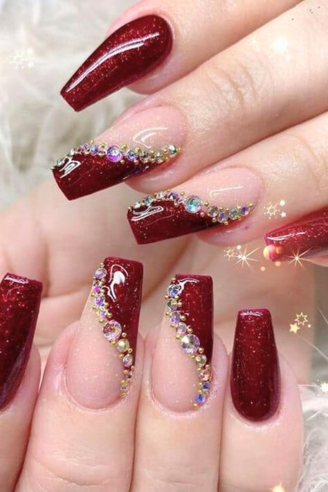 15 Maroon Nail Ideas You Hardly See Before – Scan to Talk Wine Nails Designs, Maroon Nail Ideas, Rhinestone Nail Ideas, Maroon Nail Designs, Maroon Nail, Black Acrylic Nail Designs, French Manicure Nail Designs, Quincenera Dresses, Red And Gold Nails