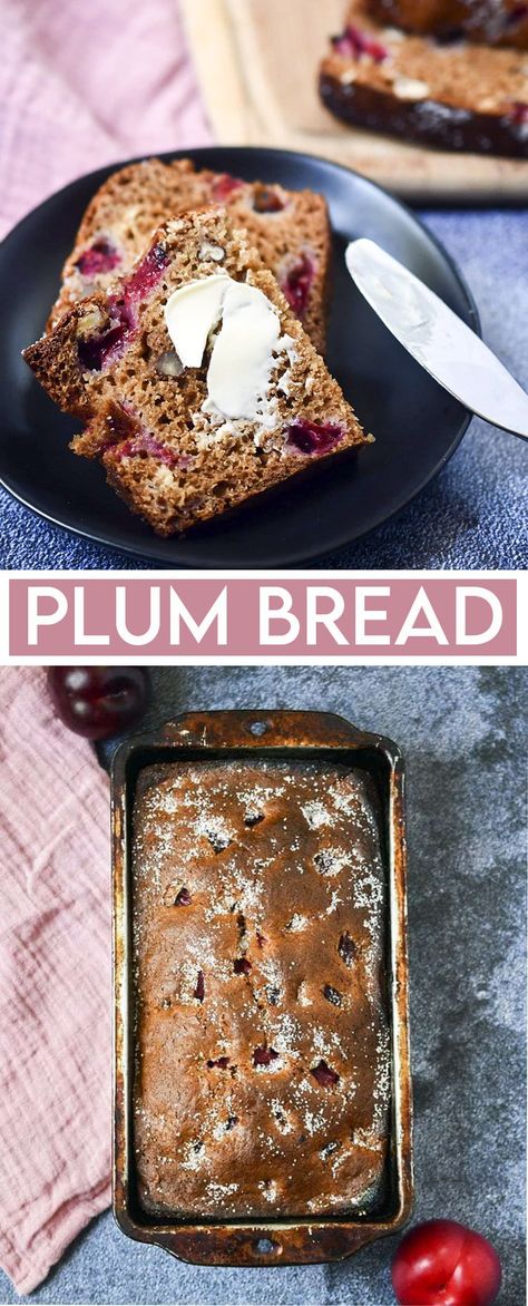 This plum bread is sweet and tart, filled with fresh plums and chopped pecans. It's delicious for dessert, a healthy snack, or for breakfast! Plumcots Recipes, Banana Plum Bread, Wild Plum Recipes Food, Plum Bread Pudding, Plum Cookies Recipes, Dry Plums Recipes, Recipes Using Fresh Plums, Sand Plum Recipes, Recipes For Plums