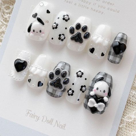 @fairydoll527 on Instagram Puppy Nail Art, Pochacco Nail Art, Puppy Nails Designs, Pochacco Nails, Puppy Nails, Animal Nail Designs, Fake Nails Designs, Asian Nails, Cute Simple Nails