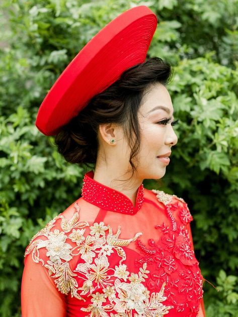 https://www.theknot.com/tk-media/images/97e7e088-bce8-4935-8638-bd46e0c5081b~rs_640.h Vietnamese Hairstyles, Khan Dong, Traditional Headpiece, High Bun Wedding Hairstyles, High Bun Wedding, Wedding Hairstyle Ideas, Vietnamese Wedding, Chignon Hair, Flower Crown Hairstyle