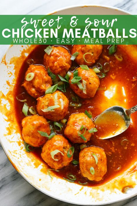 Sweet and sour chicken meatballs are a delicious and easy meal that can be made for dinner for your kids or as a weekly meal prep item. This recipe is whole30 and paleo freindly which makes it low in sugar, but still bursting with flavor. Sweet And Sour Turkey Meatballs Healthy, Healthy Sweet And Sour Meatballs, Sweet And Sour Chicken Meatballs, Healthy Meatball Meal Prep, Ground Chicken Meatballs, Chicken Meatball Recipes, Sweet And Sour Meatballs, Weekly Meal Prep, Sweet And Sour Chicken