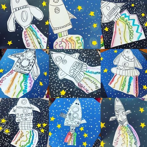 Megan Aguilar on Instagram: “Kindergarten is blasting off! They are learning about the solar system so what better project to do in art class! The kids had so much fun…” Outer Space Art Lessons Elementary, Solar System Art And Craft, Solar System Art Preschool, Solar System Art For Kids, Space Themed Art Projects, Solar System Art Projects For Kids, Solar System Projects For Kids Preschool, Kindergarten Solar System, Planets Activities For Kids