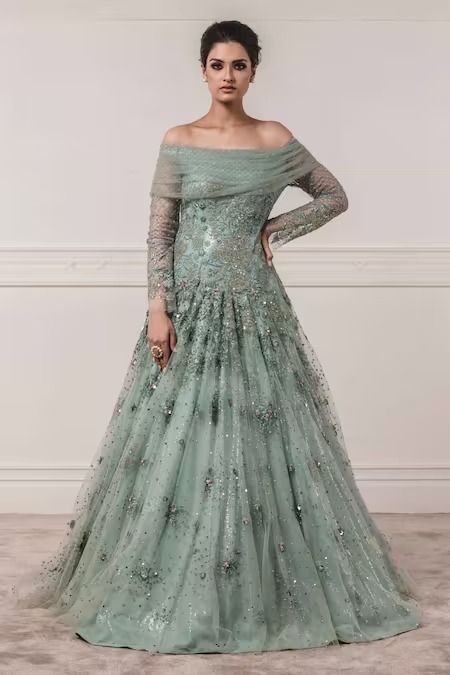 Buy Blue Tulle Off Shoulder Anarkali Gown For Women by Tarun Tahiliani Online at Aza Fashions. Off Shoulder Anarkali, Ridhima Bhasin, Ridhi Mehra, Cape Jumpsuit, Neeta Lulla, Manish Arora, Gown For Women, Manish Malhotra, Anarkali Gown