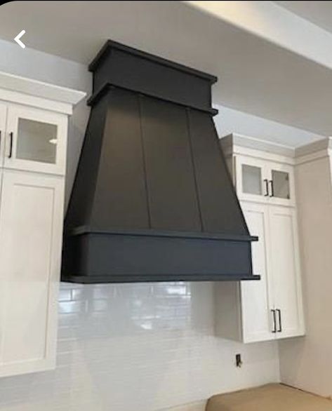 Stove Hood With Wood Accent, Wood Hood Fan Kitchen, Wood Range Hood Cover White Cabinets, Black Range Hood Cover, Oven Hood Farmhouse, Shaker Style Range Hood, Hood Fan Design, Tapered Range Hood, Hood Fan Cover Ideas