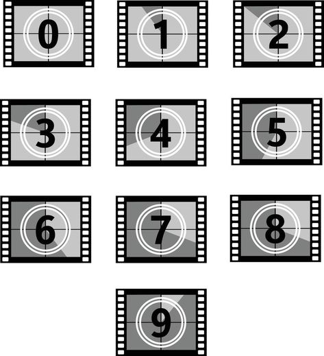 set a classic film countdown frame at the number one, two,three,four,five,six,seven,eight and nine. film countdown sign. movie timer count symbol. Film Countdown Numbers, Magazine Numbers, Movie Symbols, Movie Elements, Theatre Symbol, Movie Countdown, Film Countdown, Countdown Ideas, Class Bulletin Boards