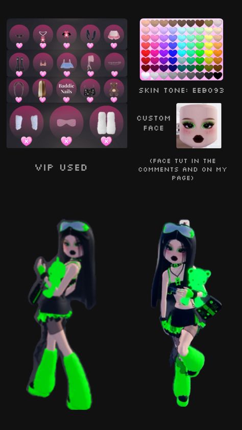 Themes: Scenecore, bright, green, neon Bright Outfits, Neon Dresses, Bright Dress, Neon Outfits, Green Neon, Themed Outfits, Bright Green, Dress To Impress, Dress Outfits