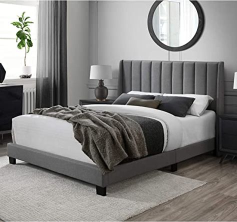 (paid link) DG Casa Herman Upholstered Panel Bed Frame with Vertical Channel Wingback Headboard, Queen Size in Gray Fabric, Grey Grey Bed Frame Bedroom Ideas, Grey Headboard Bedroom, Panel Bed Frame, Simple Bed Designs, Grey Bed Frame, Small Bedroom Furniture, Grey Headboard, Wooden Platform Bed, Mirror Wall Living Room