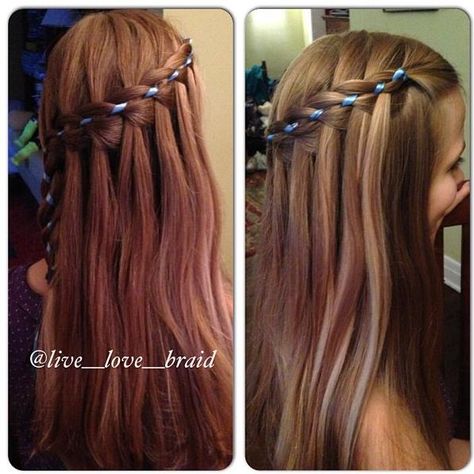 waterfall ribbon braid Braid With Bangs, Braid With Ribbon, Braids Fishtail, The Milkmaid, Sleek Braid, Braid Updo, Milkmaid Braid, Creative Styling, Ribbon Braids