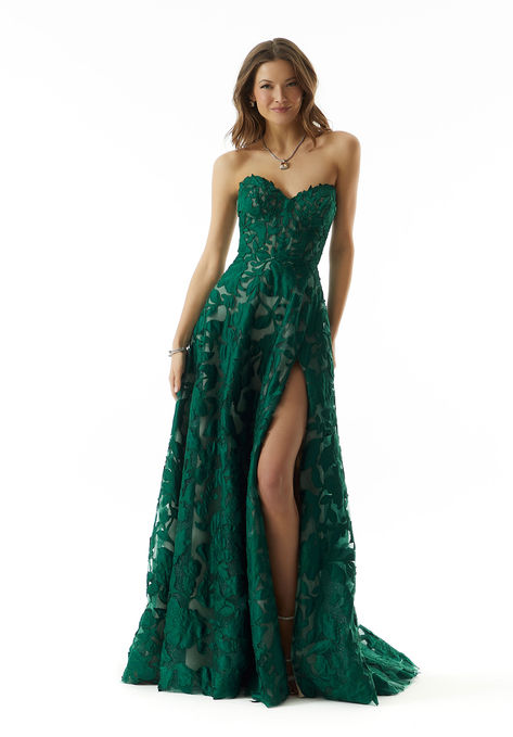 tulle evening gown with satin floral appliqués Tulle Evening Gown, Floral Evening Dresses, Dress Alterations, Mori Lee, Mob Dresses, Corset Bodice, Evening Dress Fashion, Green Prom Dress, Wedding Dress Sleeves