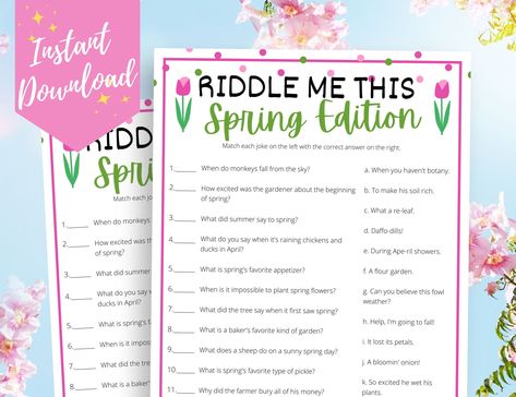 Spring Riddle Me This Game, Funny Spring Jokes Game for Kids, Teens, & Adults, Spring Classroom Game, Fun Spring Jokes and Riddles Spring Party Games, Spring Jokes, Spring Fling Party, Spring Theme Party, Fact Or Fiction, Spring Games, Spring Classroom, Ladies Luncheon, Easter Games