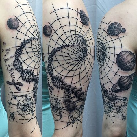 #sciencetattoo #science #physics #biology  #chemistry #tattoo by @chrismasontattoo Dmt Tattoo, Biology Tattoo, Physics Tattoos, Space Sleeve, Chemistry Tattoo, Wormhole Tattoo, Astronomy Tattoo, Science Tattoo, Science Tattoos