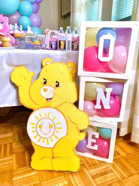 Carebear Theme Party Decorations, Care Bear Birthday Party Ideas Diy, Carebear Themed Birthday Party, Carebear 1st Birthday Party Ideas, Care Bear Party Favors, Carebear 1st Birthday, Care Bears 1st Birthday Party, Carebears Birthday Theme, Care Bear Party Decorations