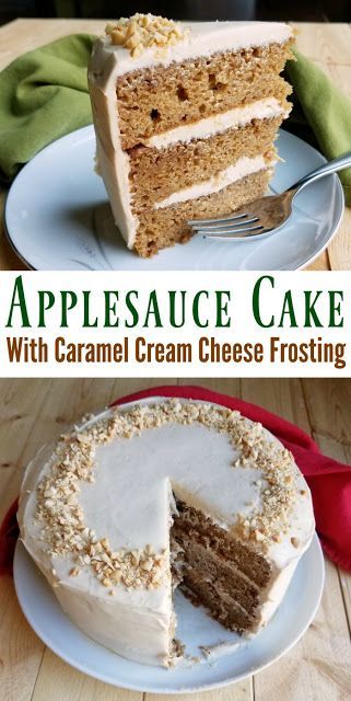 Layers of moist applesauce cake with just enough warm cinnamon wrapped in soft caramel cream cheese frosting is the perfect fall dessert. Make it for your next party! Not Too Sweet Frosting, Caramel Cream Cheese Frosting, Apples Recipes, Yummy Deserts, Applesauce Cake, Caramel Cream, Winter Cooking, Caramel Frosting, Caramel Creams